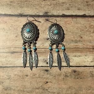 Western Style Concho Feather Dangle Earrings